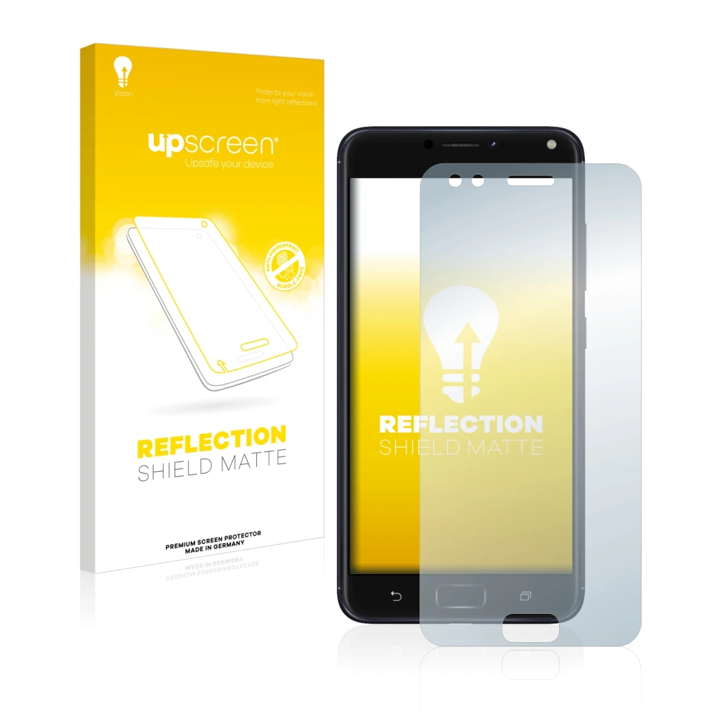 Parte frontal de un envase de producto con el logotipo de la marca upscreen. Al lado se muestra el dispositivo ASUS ZenFone 4