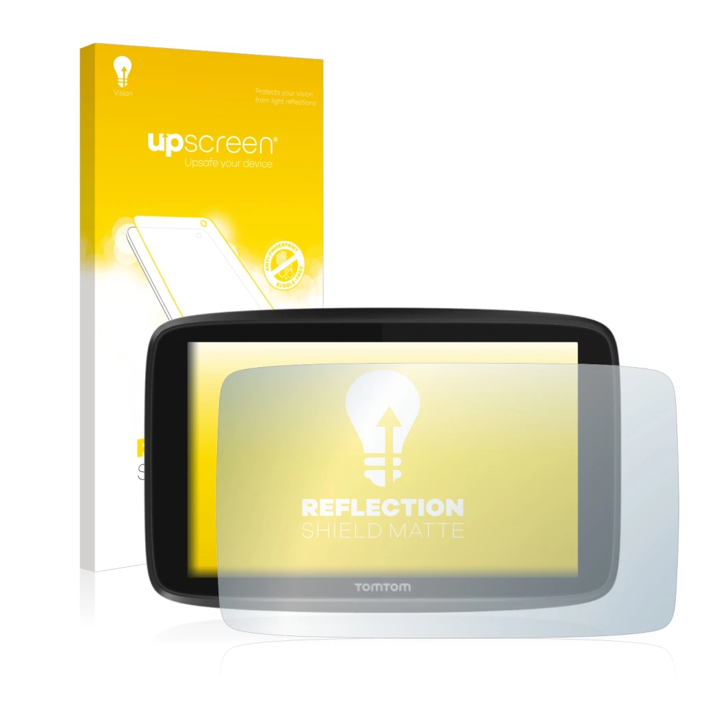 Parte frontal de un envase de producto con el logotipo de la marca upscreen. Al lado se muestra el dispositivo TomTom GO 6250