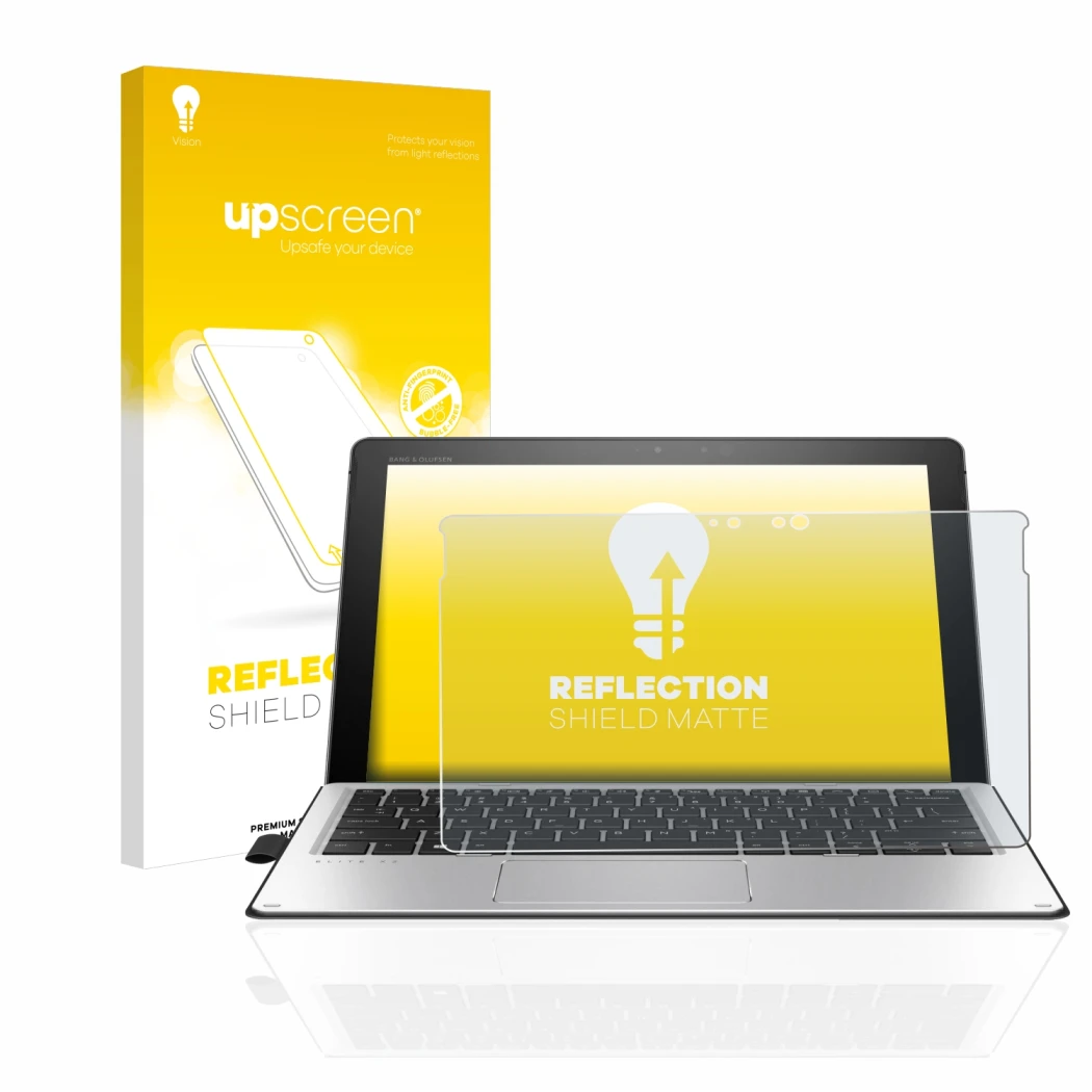 Parte frontal de un envase de producto con el logotipo de la marca upscreen. Al lado se muestra el dispositivo HP Elite x2 101