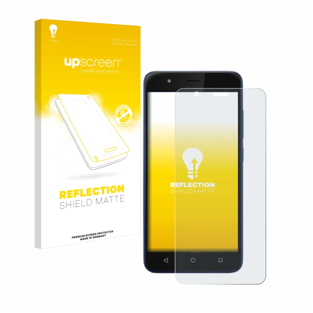 Parte frontal de un envase de producto con el logotipo de la marca upscreen. Al lado se muestra el dispositivo Gigaset GS270 p