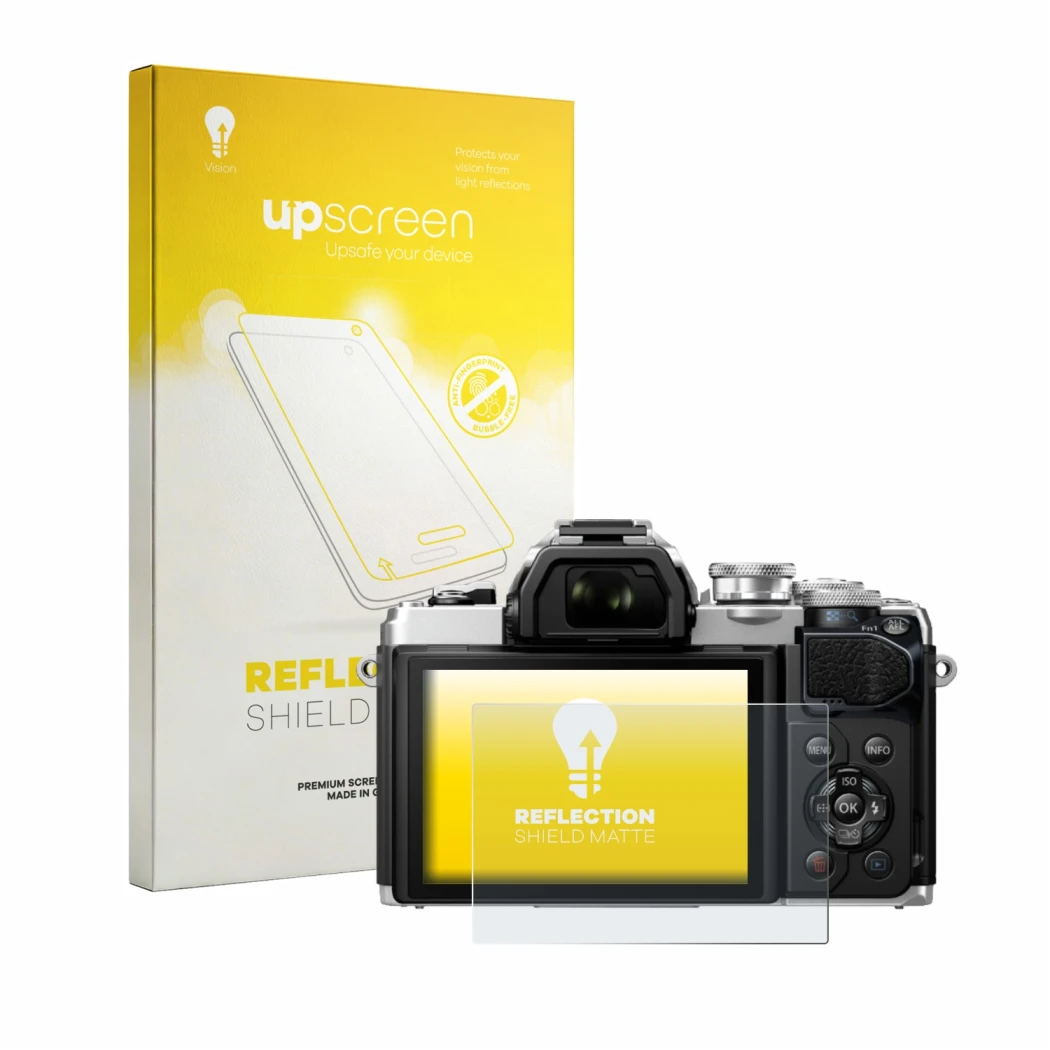 Parte frontal de un envase de producto con el logotipo de la marca upscreen. Al lado se muestra el dispositivo Olympus OM-D E-