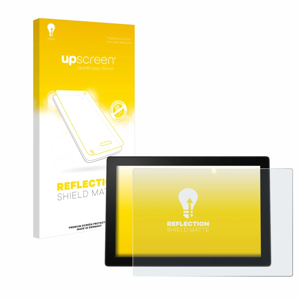 Parte frontal de un envase de producto con el logotipo de la marca upscreen. Al lado se muestra el dispositivo Lenovo Ideapad 