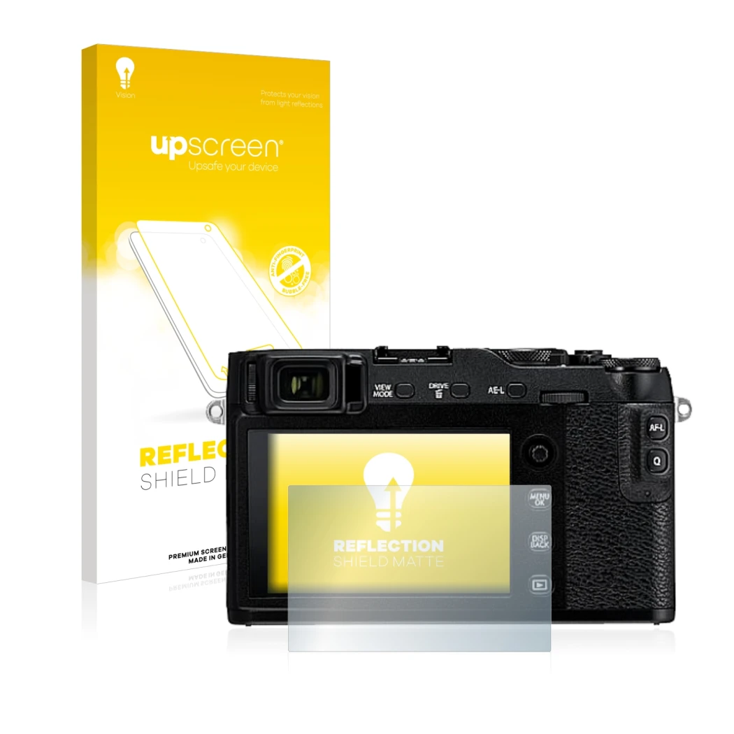 Parte frontal de un envase de producto con el logotipo de la marca upscreen. Al lado se muestra el dispositivo Fujifilm X-E3 c