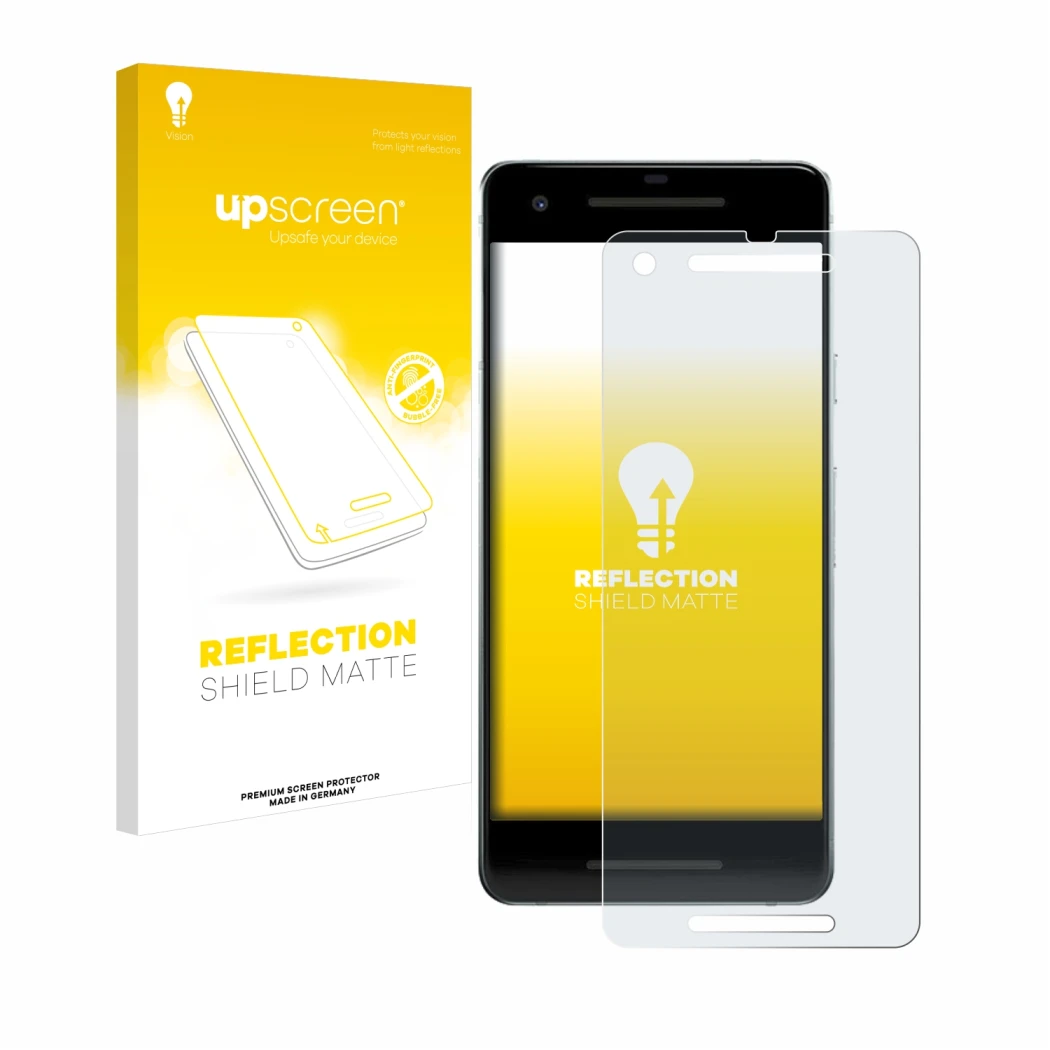 Parte frontal de un envase de producto con el logotipo de la marca upscreen. Al lado se muestra el dispositivo Google Pixel 2