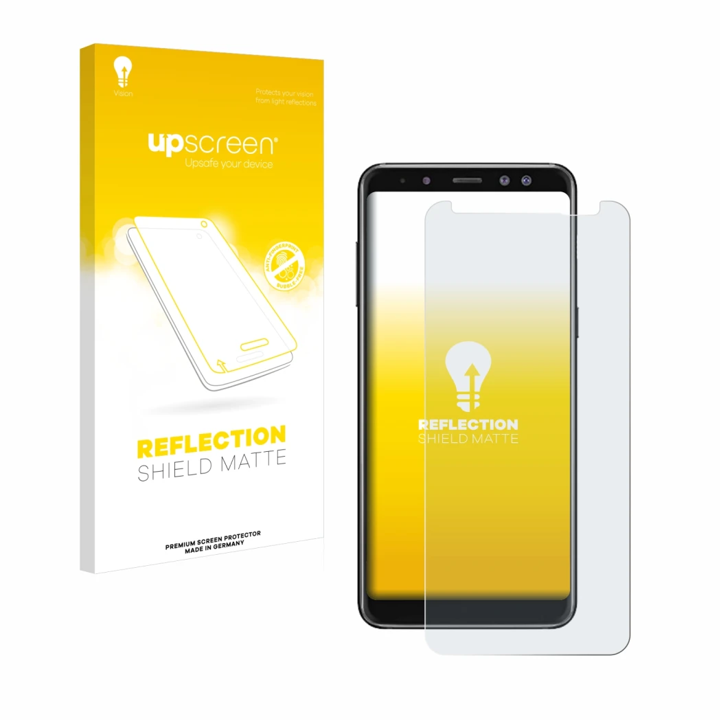 Parte frontal de un envase de producto con el logotipo de la marca upscreen. Al lado se muestra el dispositivo Samsung Galaxy 