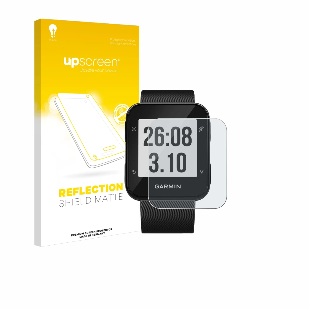 Parte frontal de un envase de producto con el logotipo de la marca upscreen. Al lado se muestra el dispositivo Garmin Forerunn