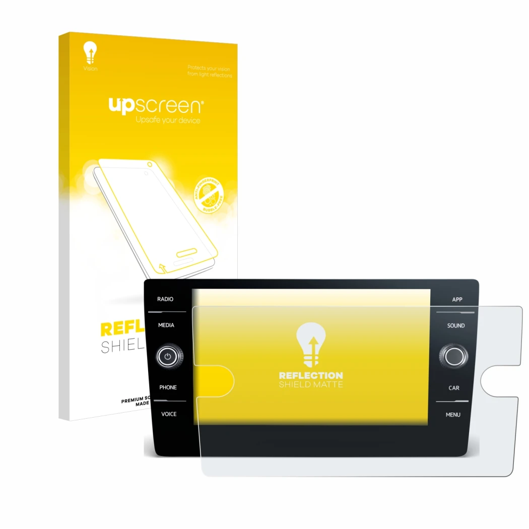 Parte frontal de un envase de producto con el logotipo de la marca upscreen. Al lado se muestra el dispositivo Volkswagen T-Ro