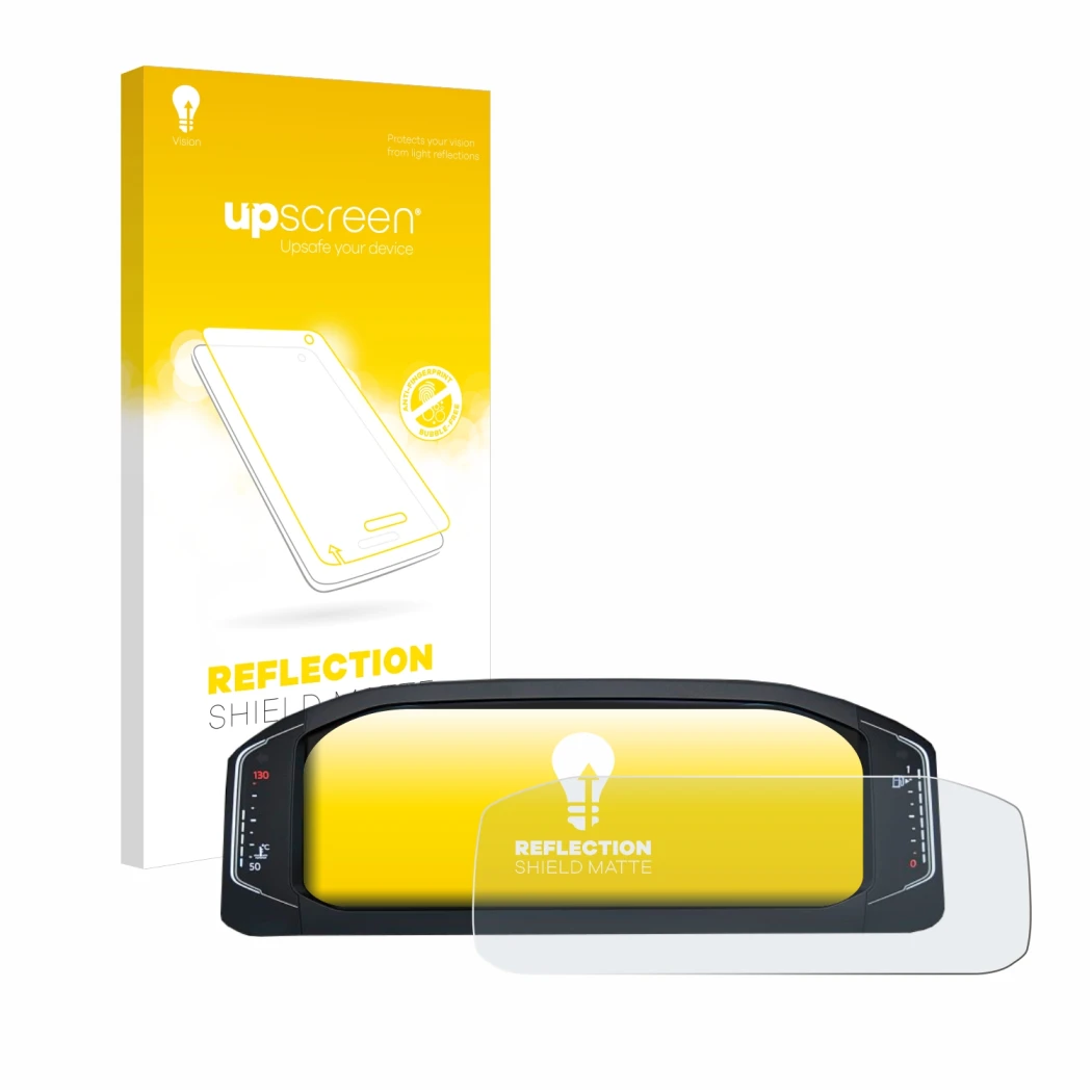 Parte frontal de un envase de producto con el logotipo de la marca upscreen. Al lado se muestra el dispositivo Volkswagen Acti