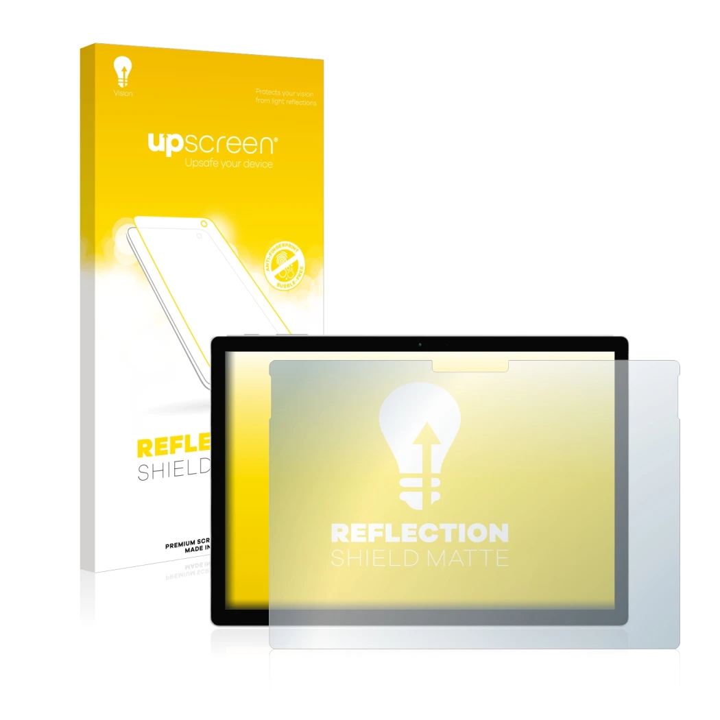 Parte frontal de un envase de producto con el logotipo de la marca upscreen. Al lado se muestra el dispositivo Microsoft Surfa