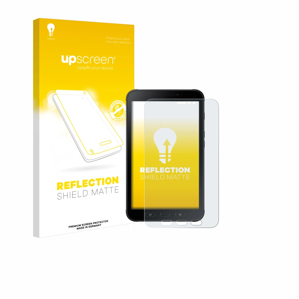 Parte frontal de un envase de producto con el logotipo de la marca upscreen. Al lado se muestra el dispositivo Samsung Galaxy 