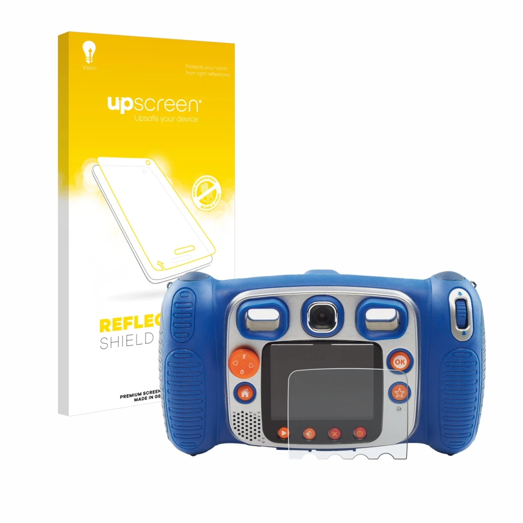 Parte frontal de un envase de producto con el logotipo de la marca upscreen. Al lado se muestra el dispositivo Vtech Kidizoom