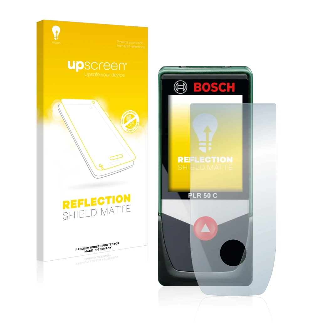 Parte frontal de un envase de producto con el logotipo de la marca upscreen. Al lado se muestra el dispositivo Bosch PLR 50 C 