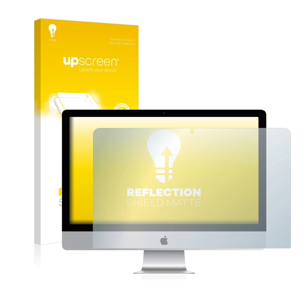 Parte frontal de un envase de producto con el logotipo de la marca upscreen. Al lado se muestra el dispositivo Apple iMac 21.5