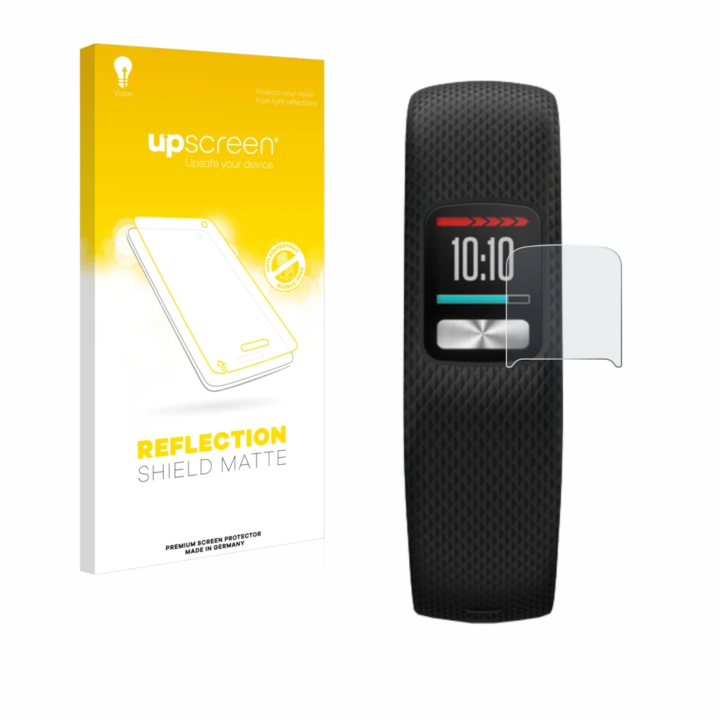 Parte frontal de un envase de producto con el logotipo de la marca upscreen. Al lado se muestra el dispositivo Garmin Vivofit