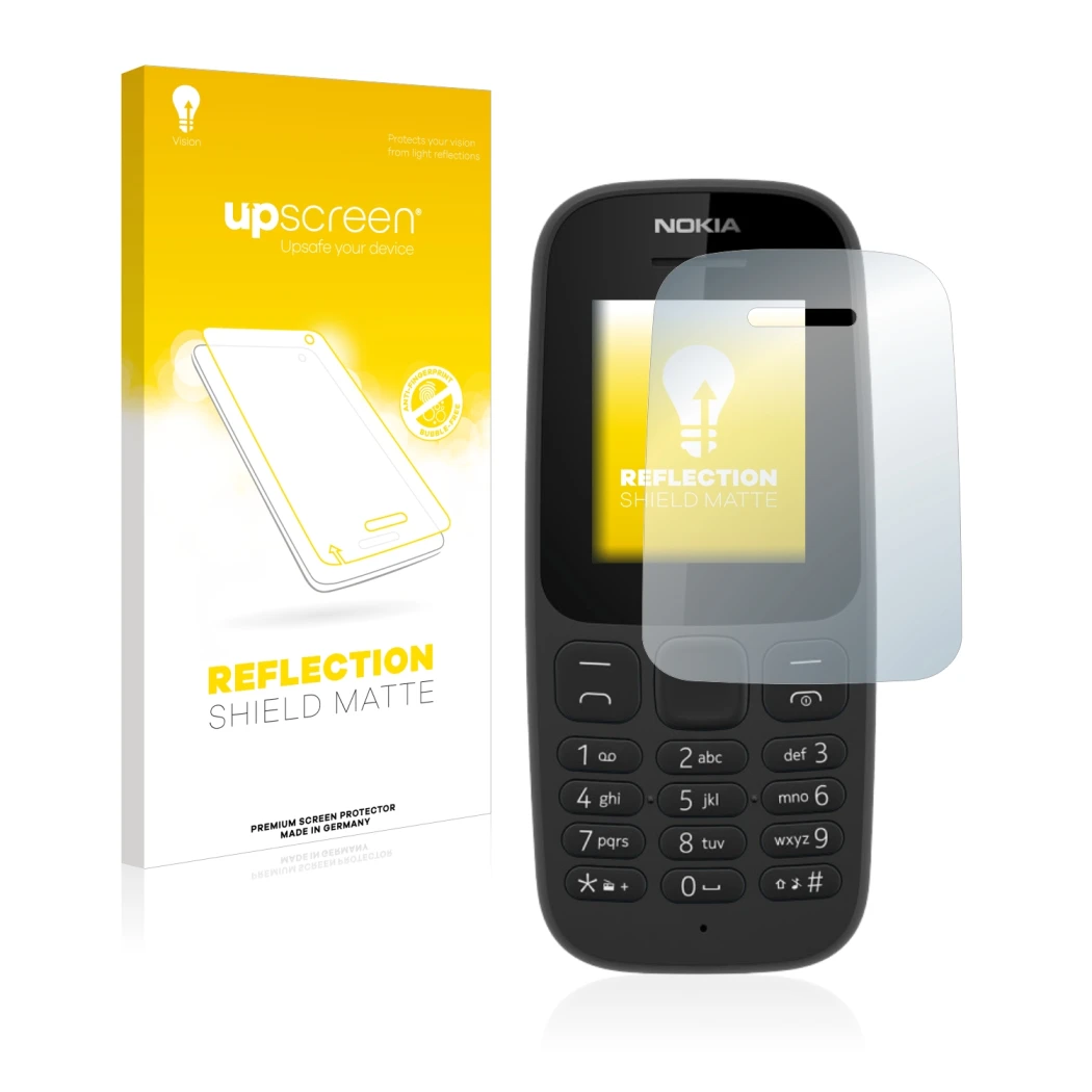 Parte frontal de un envase de producto con el logotipo de la marca upscreen. Al lado se muestra el dispositivo Nokia 105 2017