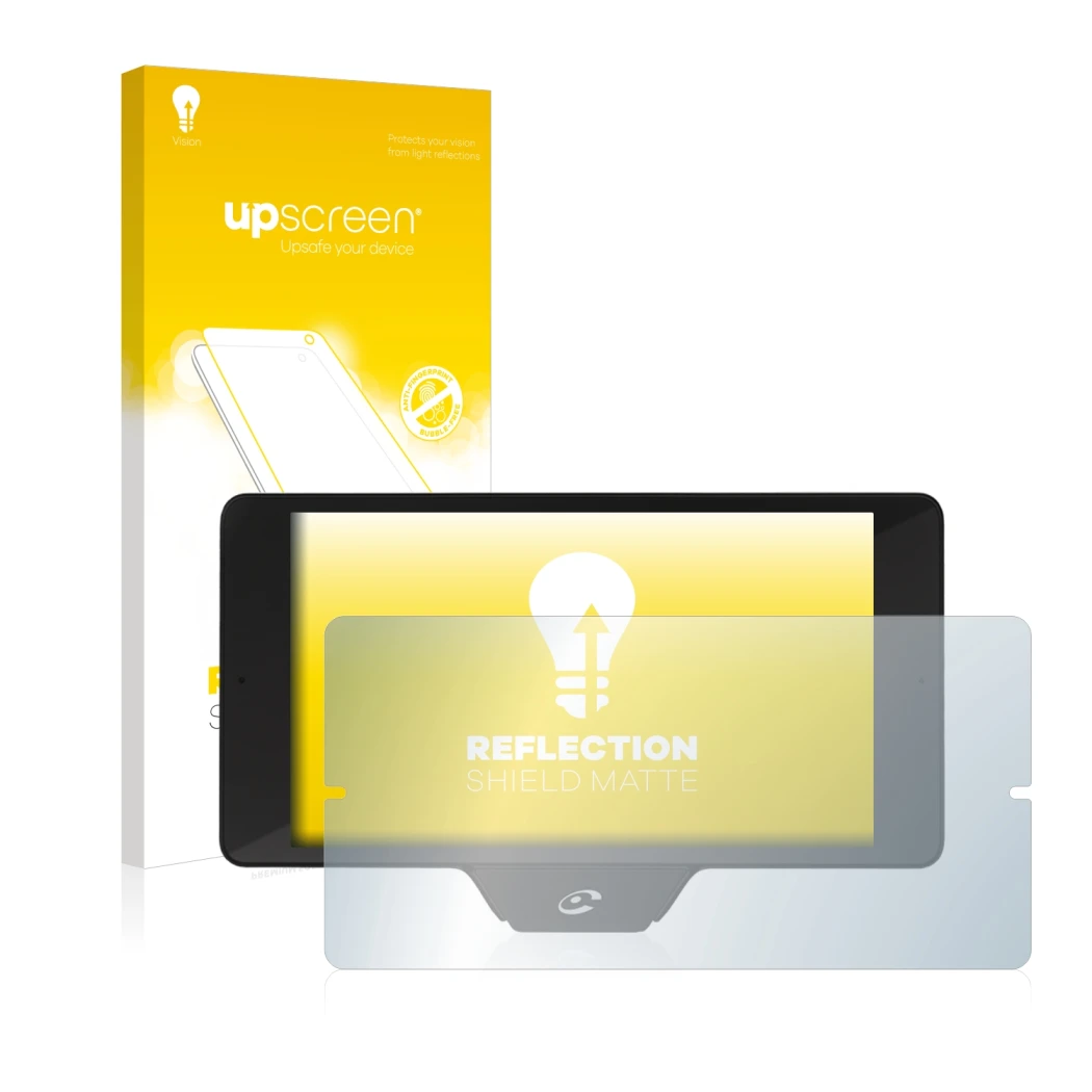 Parte frontal de un envase de producto con el logotipo de la marca upscreen. Al lado se muestra el dispositivo Coyote Nav+ 201
