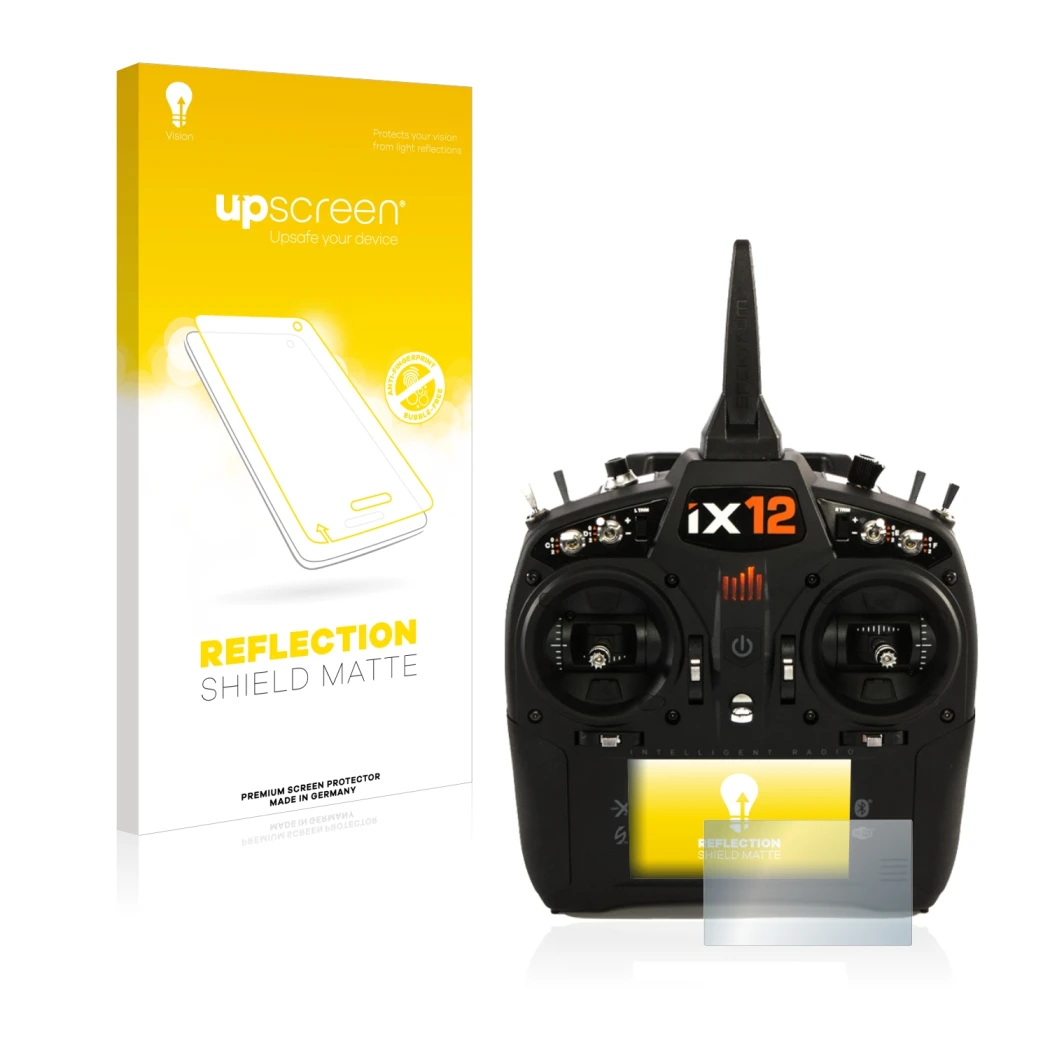 Parte frontal de un envase de producto con el logotipo de la marca upscreen. Al lado se muestra el dispositivo Spektrum IX12 c