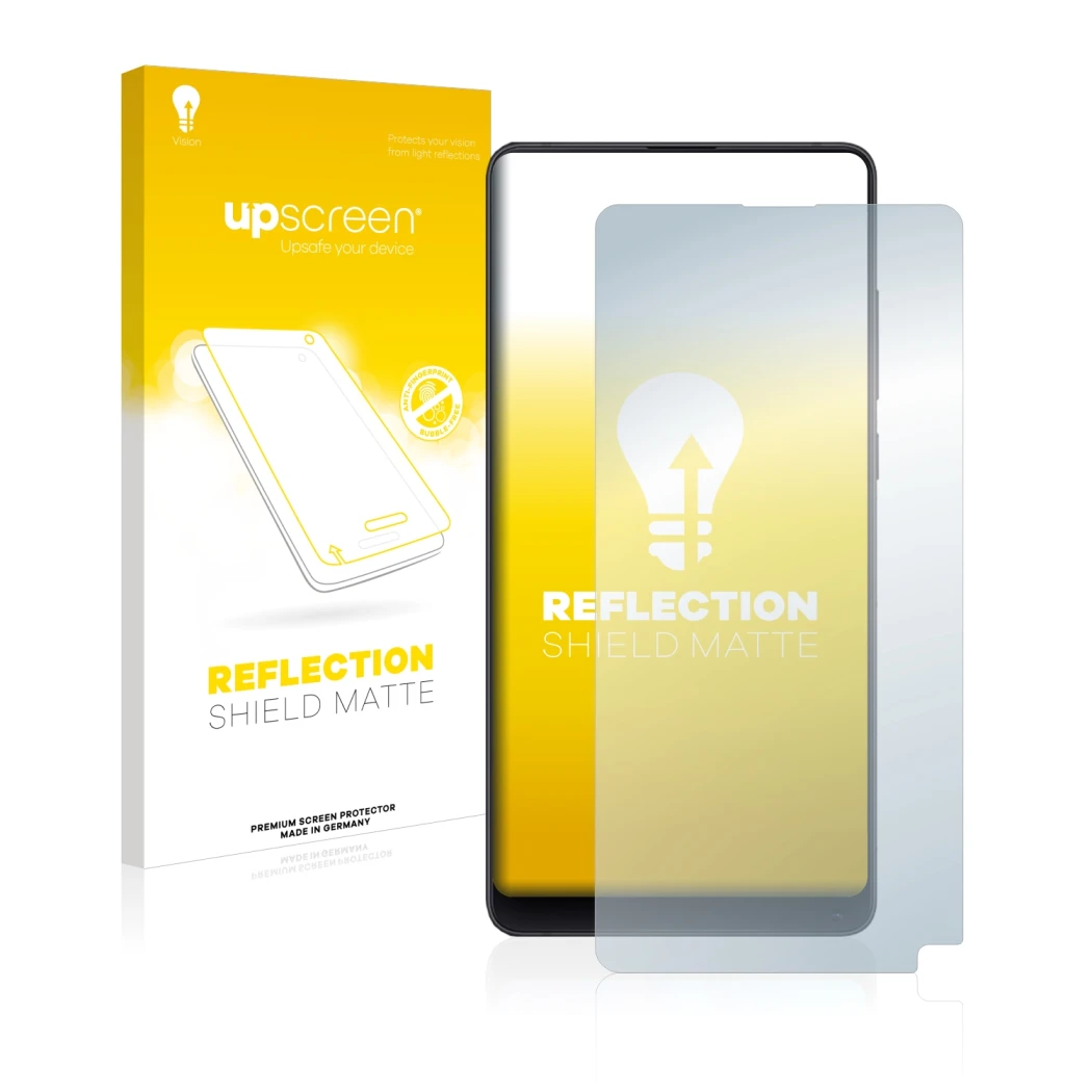 Parte frontal de un envase de producto con el logotipo de la marca upscreen. Al lado se muestra el dispositivo Xiaomi Mi Mix 2