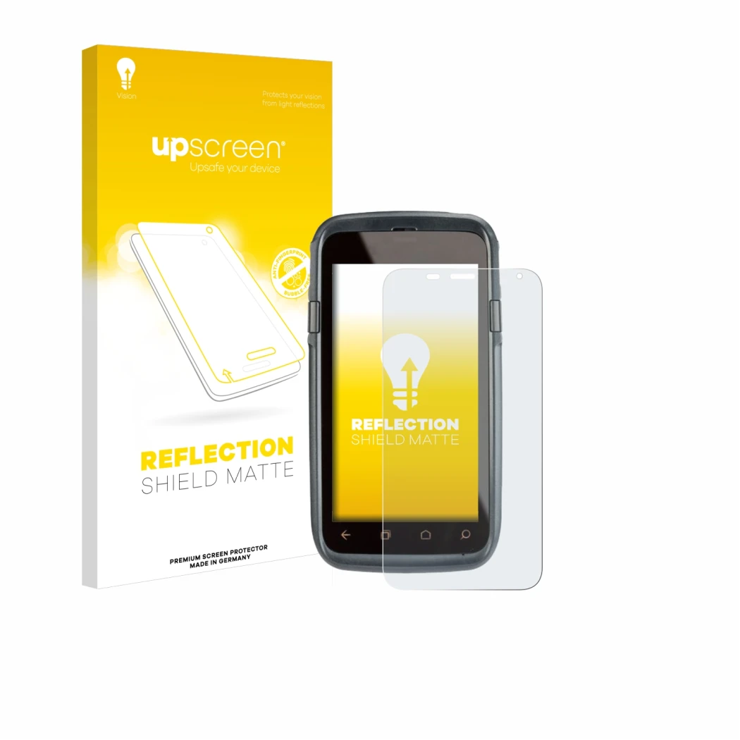 Parte frontal de un envase de producto con el logotipo de la marca upscreen. Al lado se muestra el dispositivo Honeywell Dolph