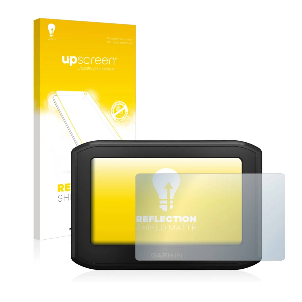 Parte frontal de un envase de producto con el logotipo de la marca upscreen. Al lado se muestra el dispositivo Garmin zumo 396
