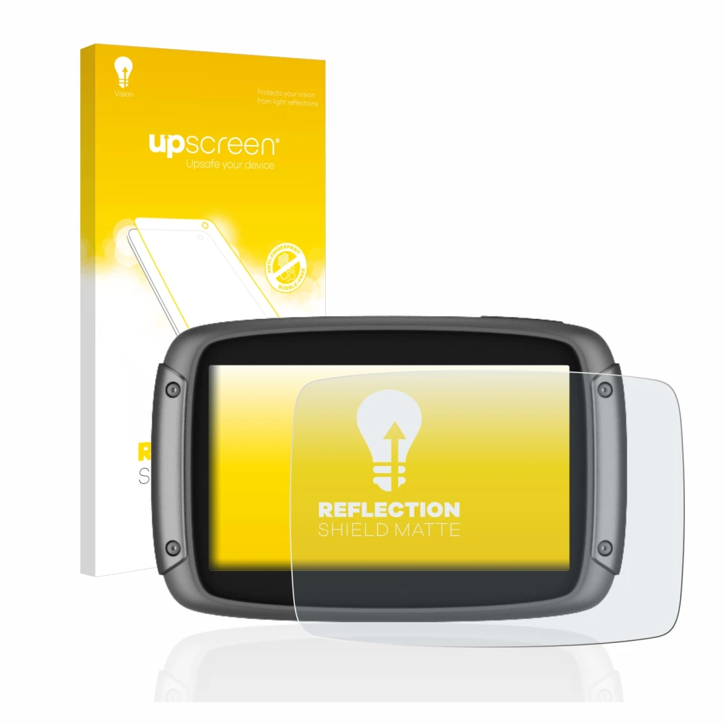 Parte frontal de un envase de producto con el logotipo de la marca upscreen. Al lado se muestra el dispositivo TomTom Rider 55