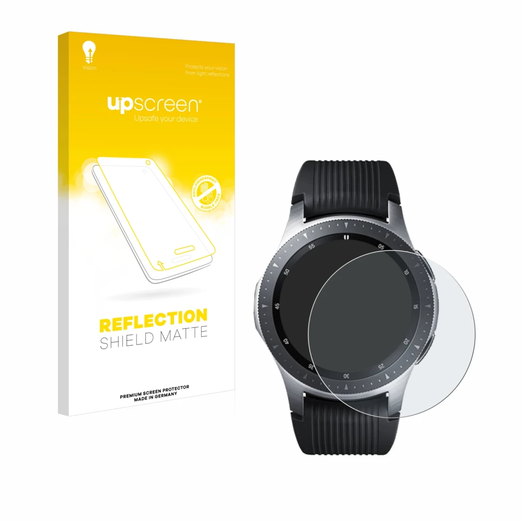 Parte frontal de un envase de producto con el logotipo de la marca upscreen. Al lado se muestra el dispositivo Samsung Galaxy 