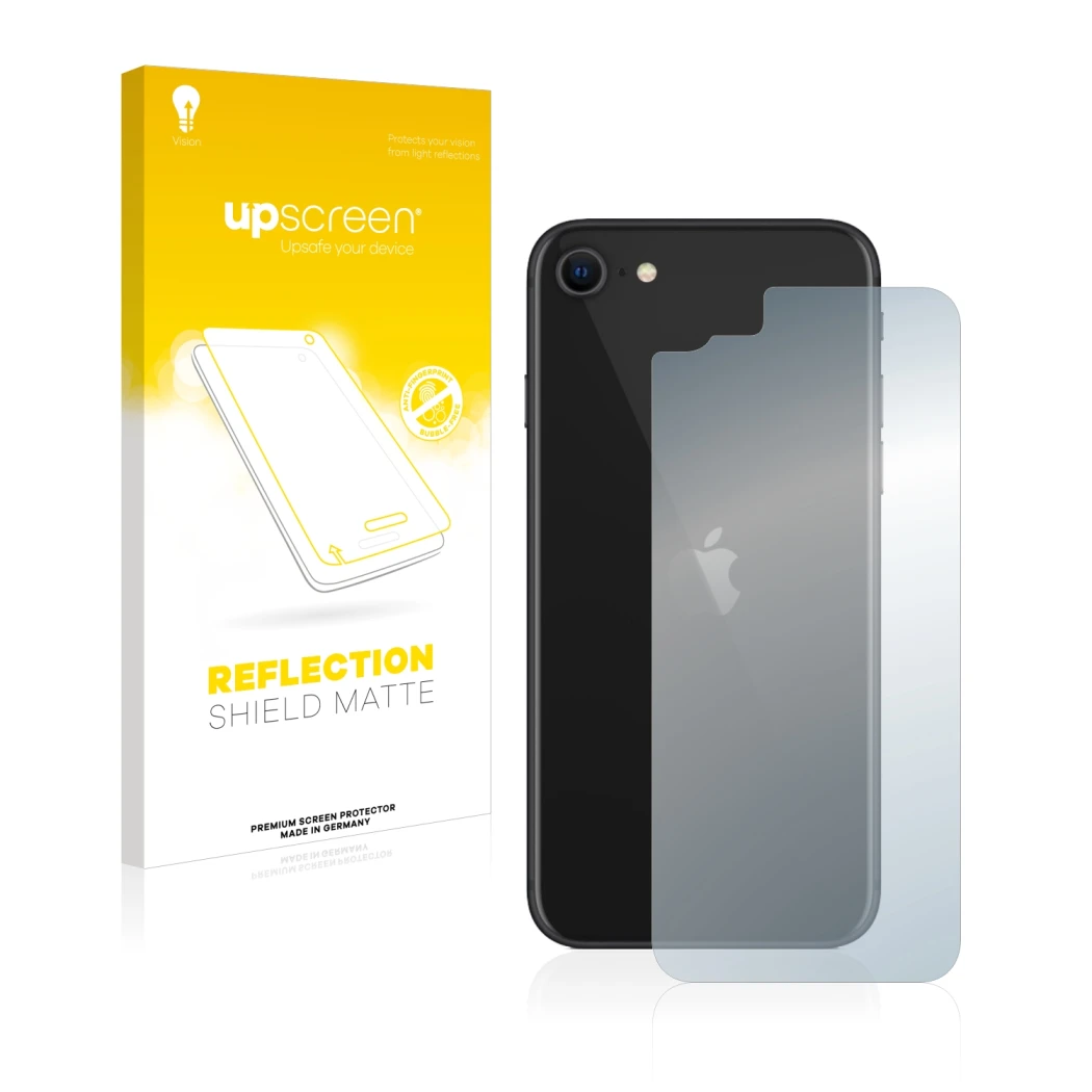 Parte frontal de un envase de producto con el logotipo de la marca upscreen. Al lado se muestra el dispositivo Apple iPhone SE