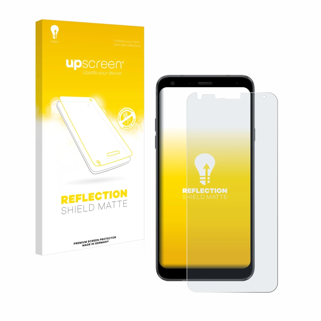 Parte frontal de un envase de producto con el logotipo de la marca upscreen. Al lado se muestra el dispositivo LG Q7 con su pr