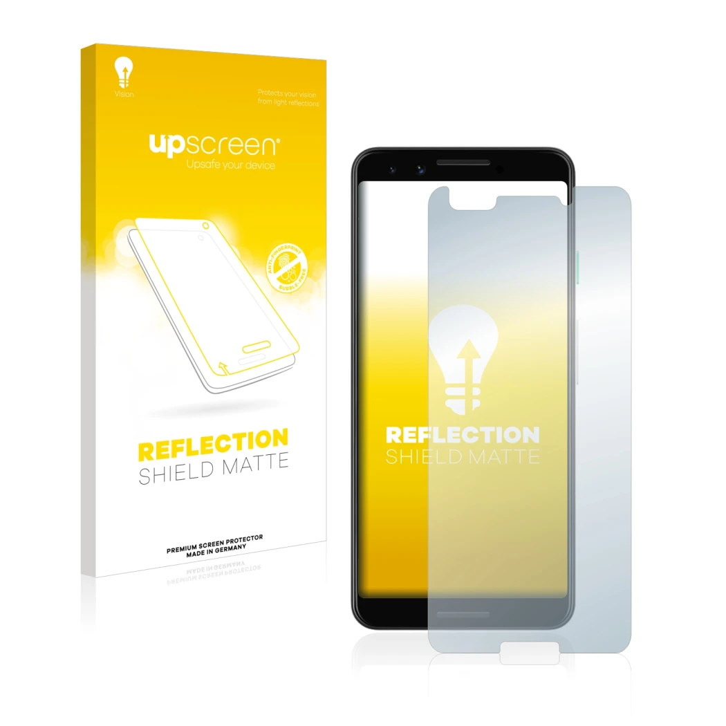 Parte frontal de un envase de producto con el logotipo de la marca upscreen. Al lado se muestra el dispositivo Google Pixel 3