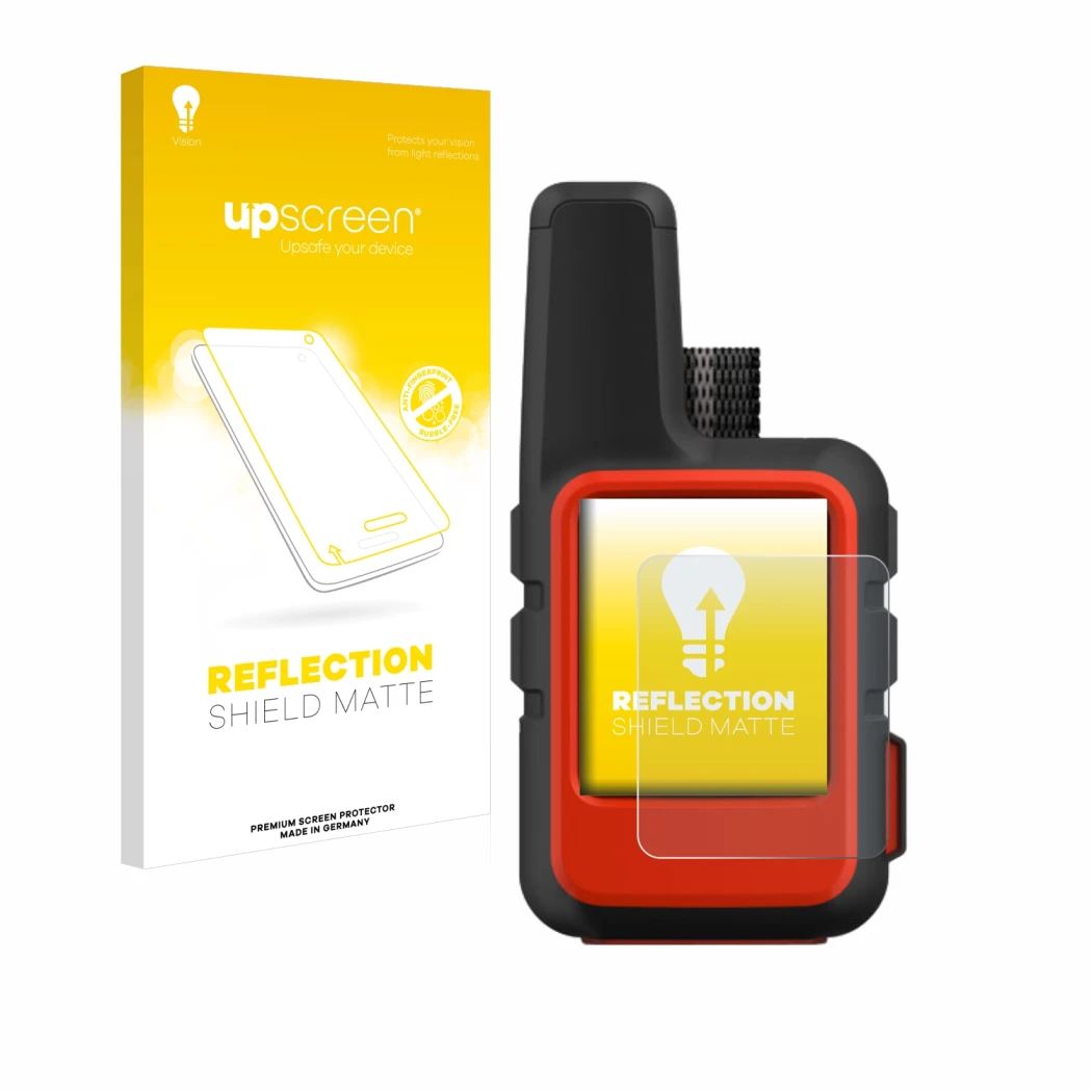 Parte frontal de un envase de producto con el logotipo de la marca upscreen. Al lado se muestra el dispositivo Garmin inReach