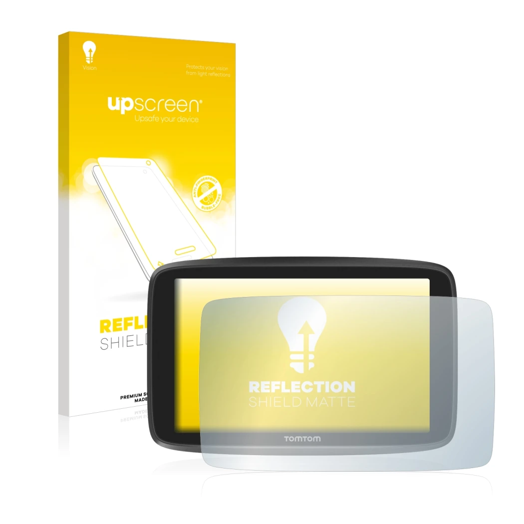 Parte frontal de un envase de producto con el logotipo de la marca upscreen. Al lado se muestra el dispositivo TomTom GO Campe