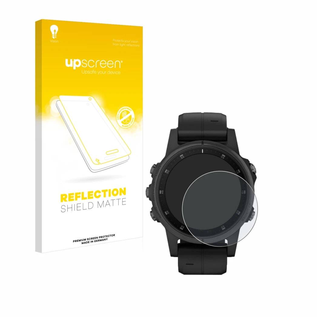 Parte frontal de un envase de producto con el logotipo de la marca upscreen. Al lado se muestra el dispositivo Garmin Fenix 5S