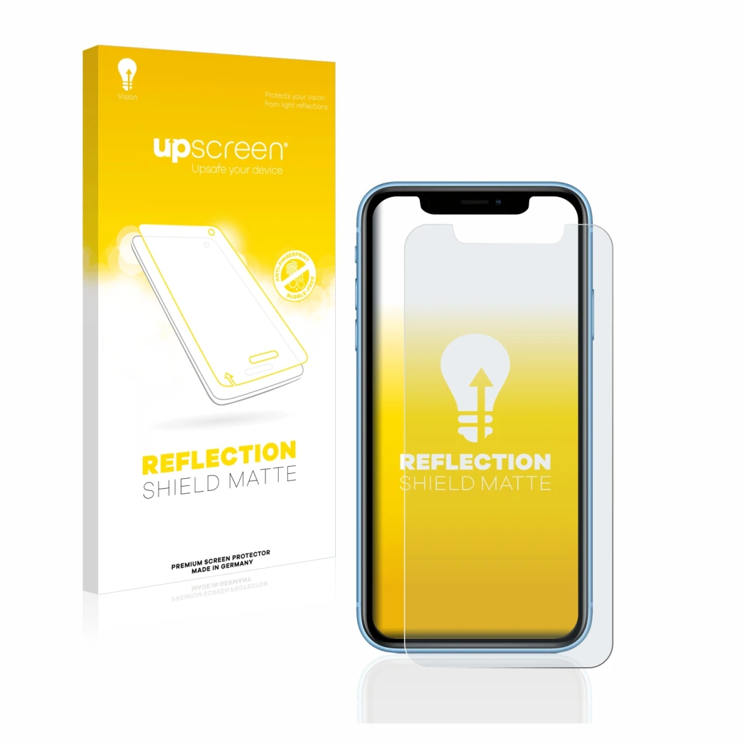 Parte frontal de un envase de producto con el logotipo de la marca upscreen. Al lado se muestra el dispositivo Apple iPhone XR