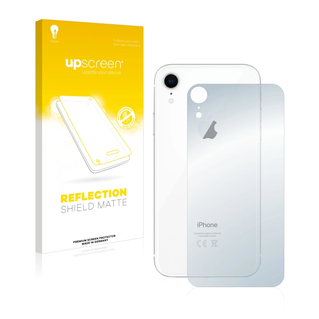 Parte frontal de un envase de producto con el logotipo de la marca upscreen. Al lado se muestra el dispositivo Apple iPhone XR