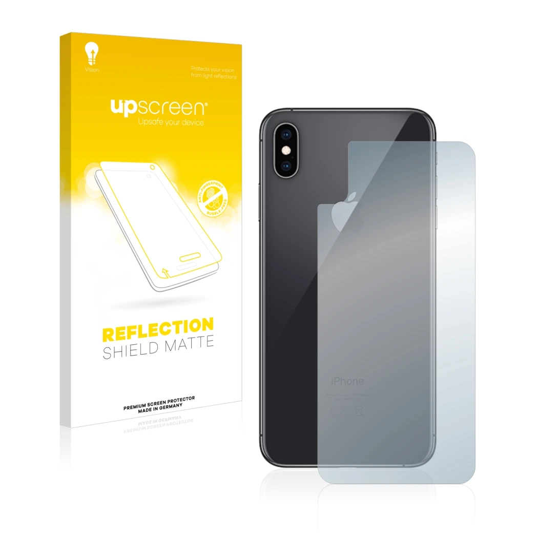 Parte frontal de un envase de producto con el logotipo de la marca upscreen. Al lado se muestra el dispositivo Apple iPhone Xs