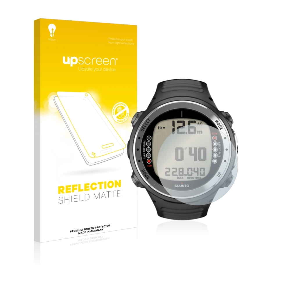 Parte frontal de un envase de producto con el logotipo de la marca upscreen. Al lado se muestra el dispositivo Suunto D4I con 