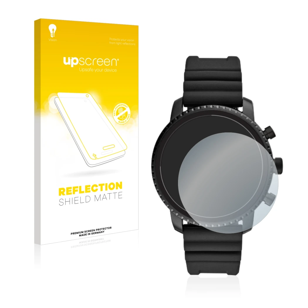 Parte frontal de un envase de producto con el logotipo de la marca upscreen. Al lado se muestra el dispositivo Fossil Q Explor