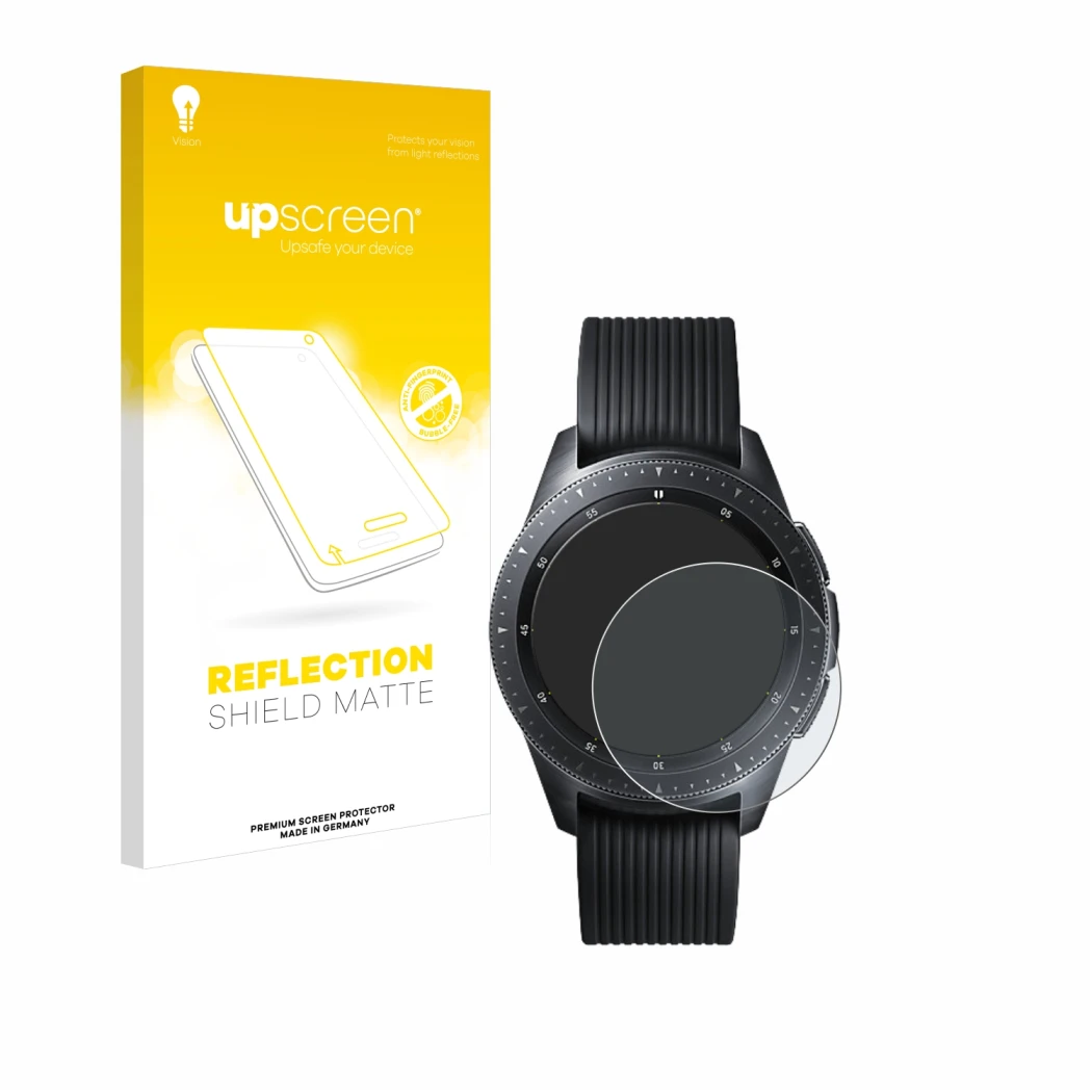 Parte frontal de un envase de producto con el logotipo de la marca upscreen. Al lado se muestra el dispositivo Samsung Galaxy