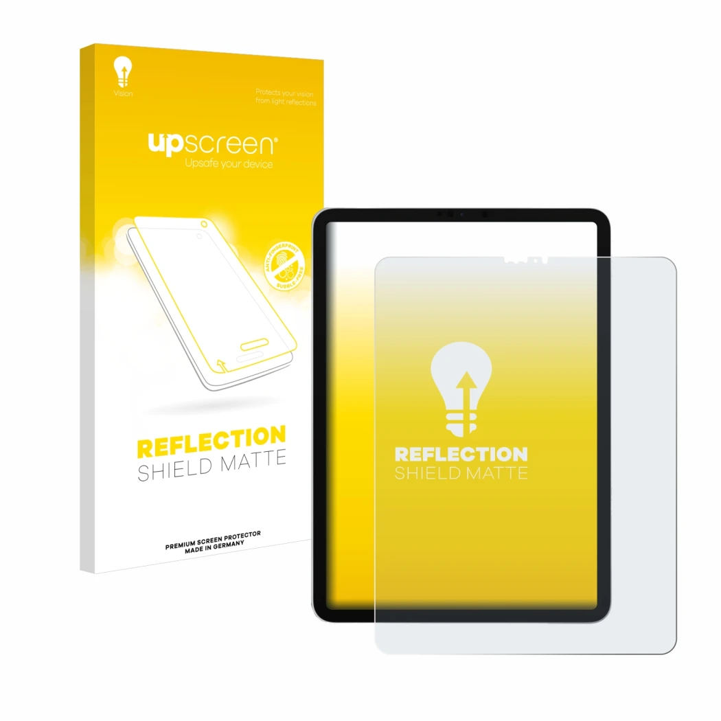 Parte frontal de un envase de producto con el logotipo de la marca upscreen. Al lado se muestra el dispositivo Apple iPad Pro