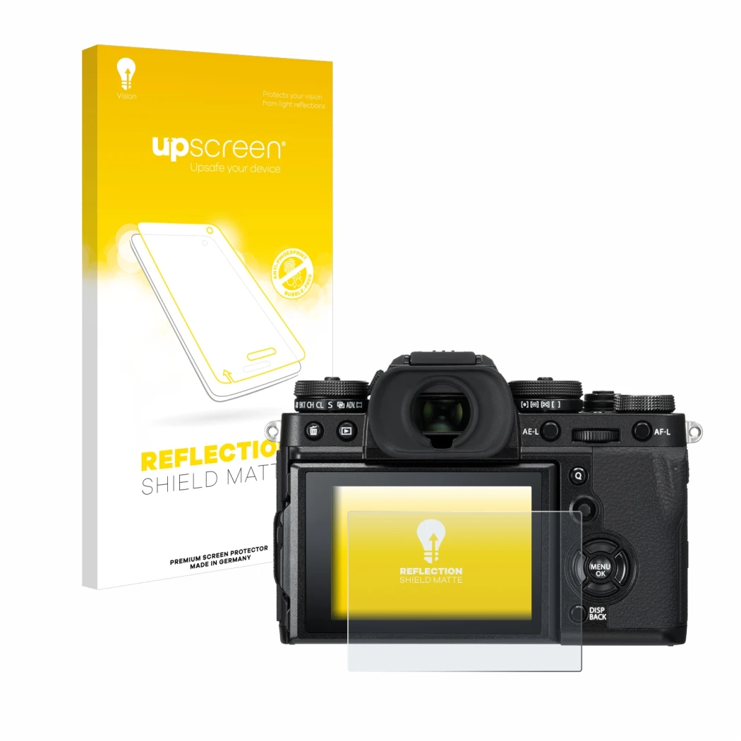 Parte frontal de un envase de producto con el logotipo de la marca upscreen. Al lado se muestra el dispositivo Fujifilm X-T3 c