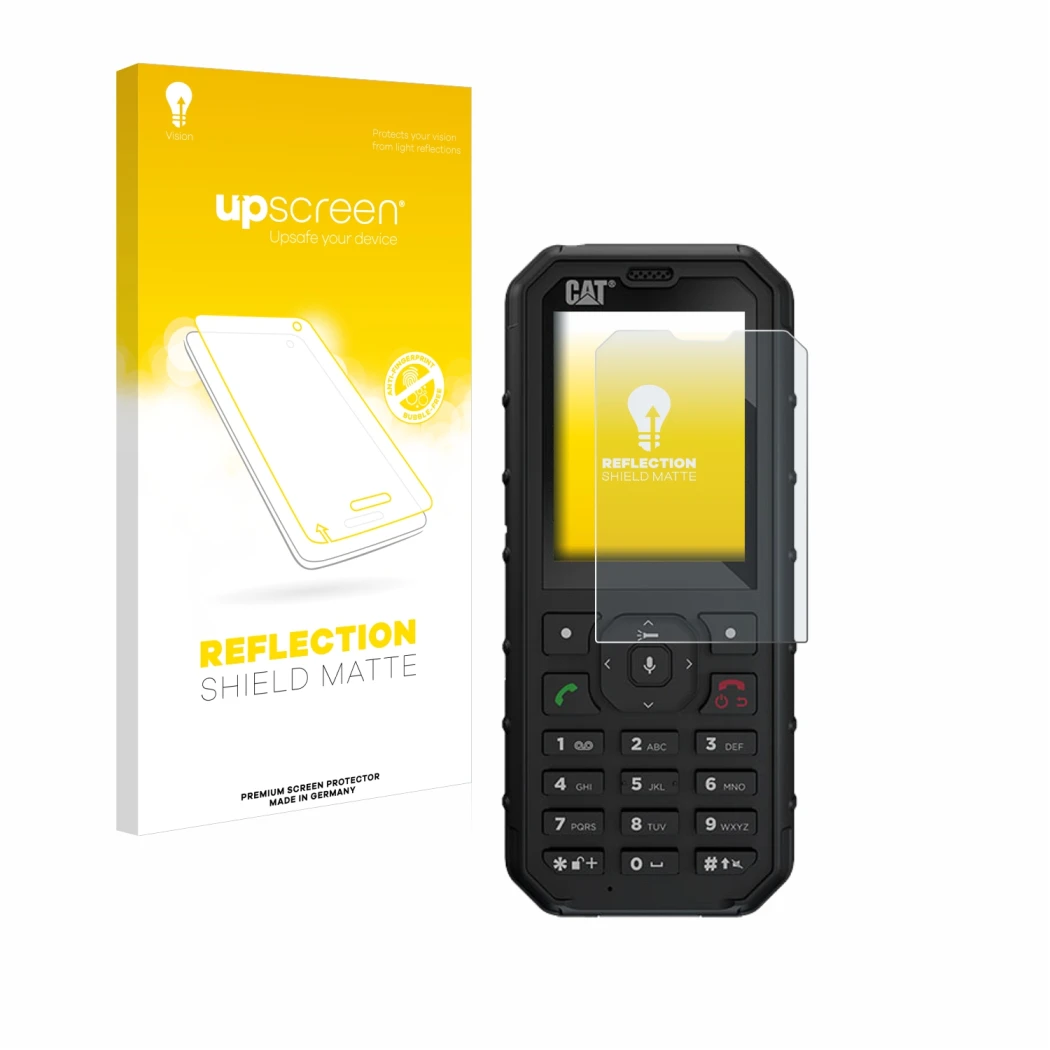 Parte frontal de un envase de producto con el logotipo de la marca upscreen. Al lado se muestra el dispositivo Caterpillar Cat