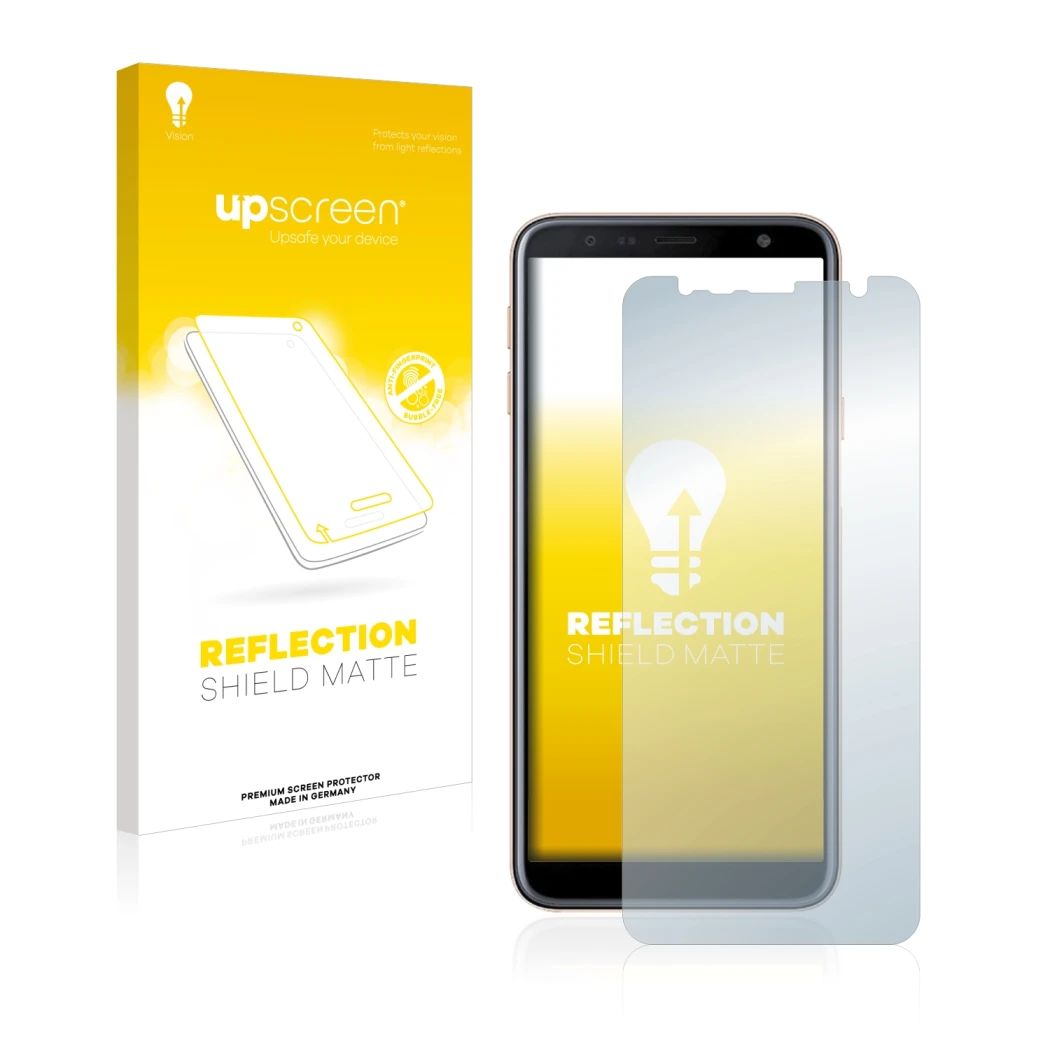 Parte frontal de un envase de producto con el logotipo de la marca upscreen. Al lado se muestra el dispositivo Samsung Galaxy