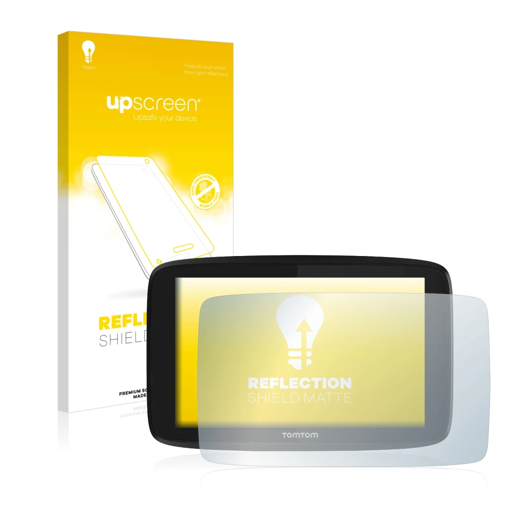 Parte frontal de un envase de producto con el logotipo de la marca upscreen. Al lado se muestra el dispositivo TomTom GO Essen
