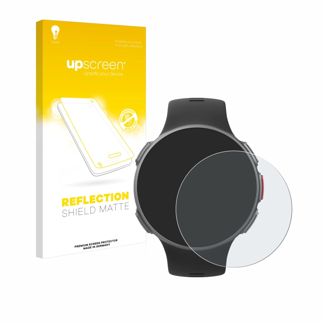 Parte frontal de un envase de producto con el logotipo de la marca upscreen. Al lado se muestra el dispositivo Polar Vantage V