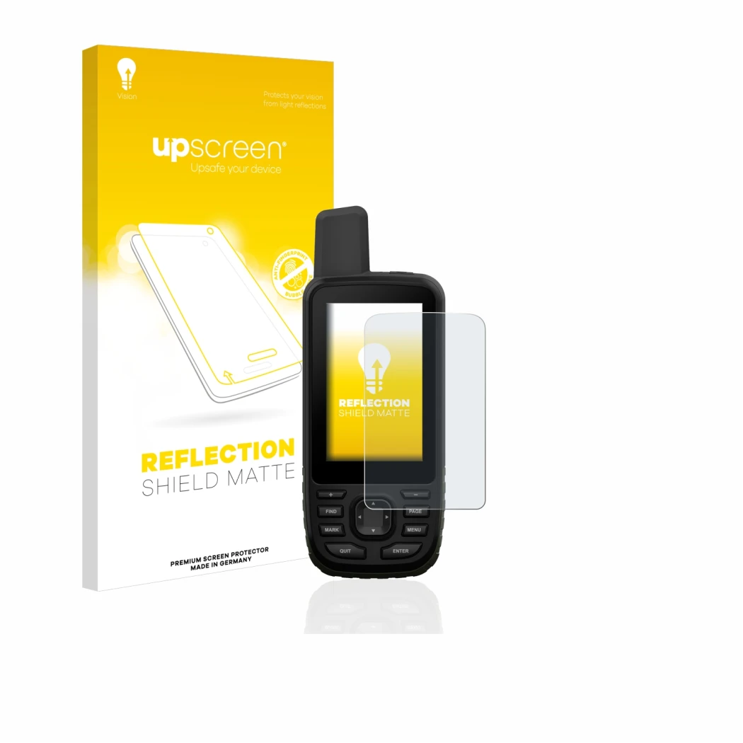 Parte frontal de un envase de producto con el logotipo de la marca upscreen. Al lado se muestra el dispositivo Garmin GPSMAP 6