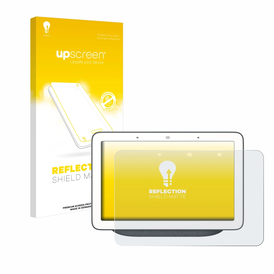 Parte frontal de un envase de producto con el logotipo de la marca upscreen. Al lado se muestra el dispositivo Google Home Hub