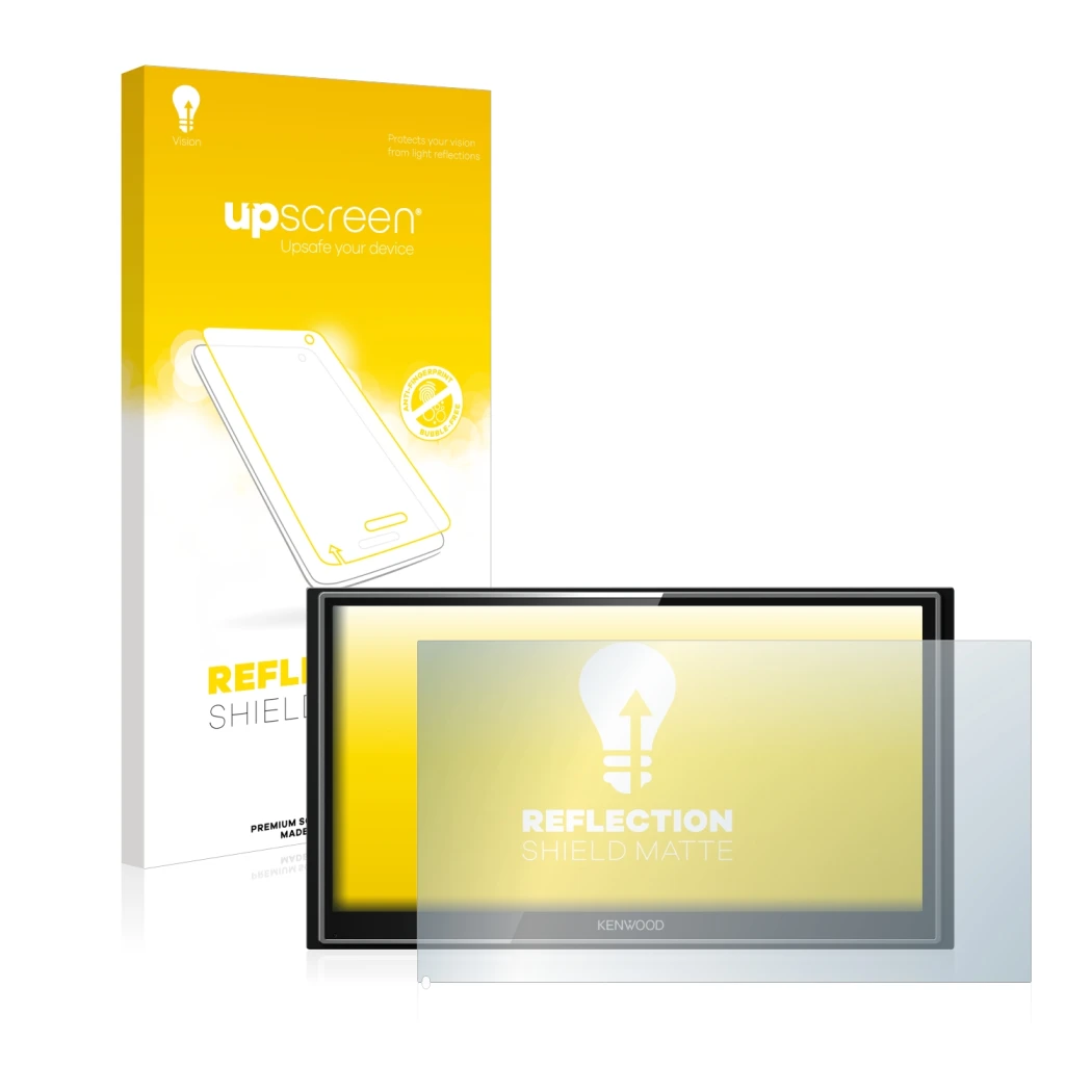 Parte frontal de un envase de producto con el logotipo de la marca upscreen. Al lado se muestra el dispositivo Kenwood DMX7018