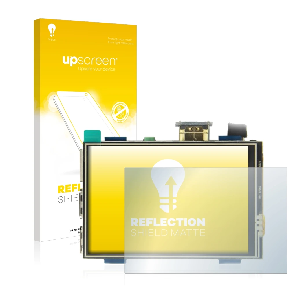 Parte frontal de un envase de producto con el logotipo de la marca upscreen. Al lado se muestra el dispositivo Raspberry Pi To