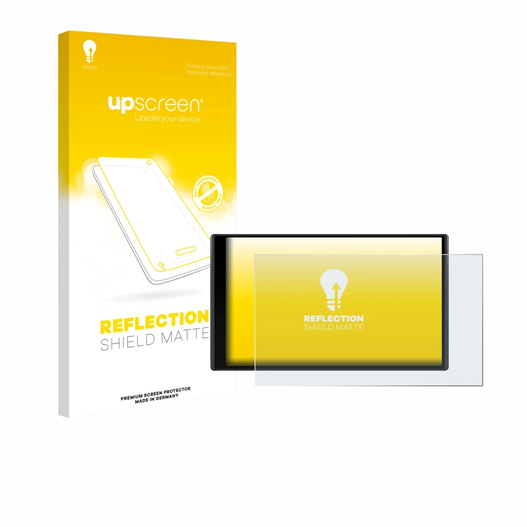 Parte frontal de un envase de producto con el logotipo de la marca upscreen. Al lado se muestra el dispositivo Garmin DriveTra