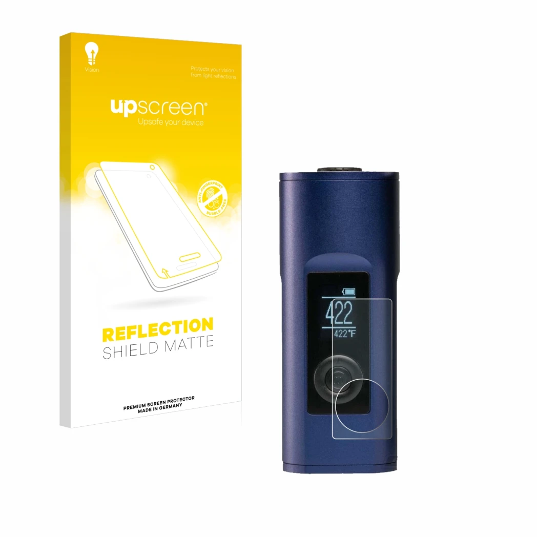 Parte frontal de un envase de producto con el logotipo de la marca upscreen. Al lado se muestra el dispositivo Arizer Solo 2 c